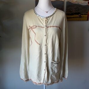 Storybook Knits Cream Cardigan with Peach Ribbon Accent